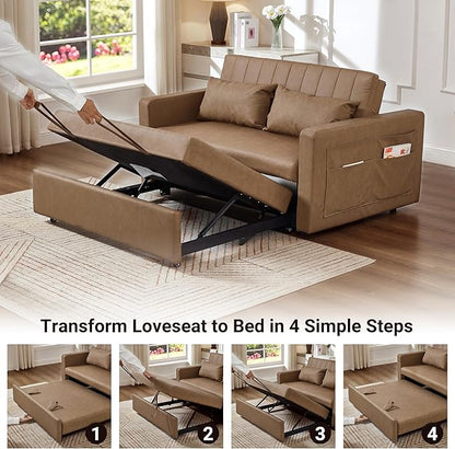 55'' Leather Sofa Bed, Pull Out Sleeper Sofa Couch Bed, Loveseat Sleeper, Futon Sofa Couch with Side Pocket, Convertible Sofa Bed for Living Room, Apartment, Bedroom, RV, Brown