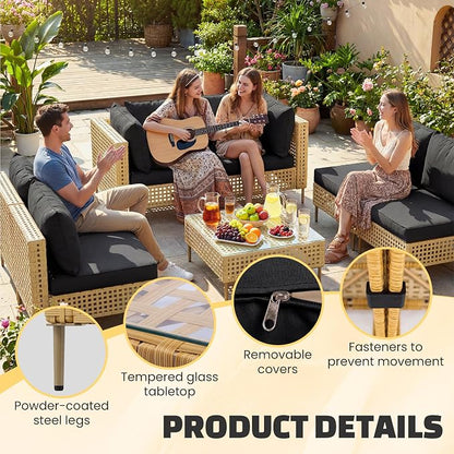 LHBcraft 7-Piece Wicker Outdoor Patio Furniture Set, Outdoor Sectional Furniture, Patio Sofa Sectional Conversation Sets, Handmade Rattan, Water-Resistant Fluffy Cushions and Coffee Table, Brown Black