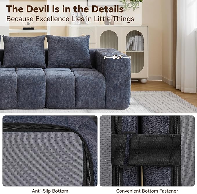 119" Oversized 3 Seater Boneless Couch, Comfy Cloud Modular Sectional Sofa with Deep Seat, Modern Memory Foam Boneless Couches for Living Room, Tufted Sofa, No Assembly Required, Blue