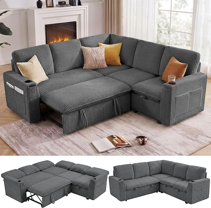 Sectional Sleeper Sofa with Pull Out Bed, Plush Corduroy 5 Seat Modular Sectional Sofa with Storage Chaise and Adjustable Backrest, Cloud Couches for Living Room, Apartment, Smoke Grey