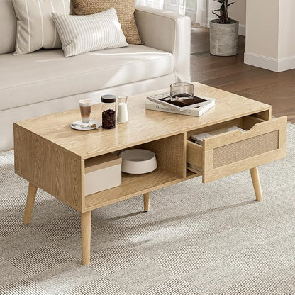 ZttRiee Rattan Coffee Table with Drawer, Boho, Natural | 39.4"L x 19.7"W x 16.9"H, 220 lbs capacity, 1 rattan drawer & open compartments, solid wood legs, ~30 min assembly