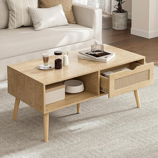 ZttRiee Rattan Coffee Table with Drawer, Boho, Natural | 39.4"L x 19.7"W x 16.9"H, 220 lbs capacity, 1 rattan drawer & open compartments, solid wood legs, ~30 min assembly