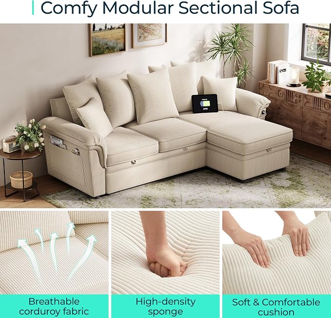 LINSY HOME 90.5'' Sectional Sleeper Sofa with Pull Out Couch Bed Modular (Beige, 90.5'') | USB Charging