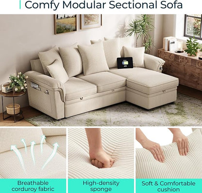 LINSY HOME 90.5'' Sectional Sleeper Sofa with Pull Out Couch Bed Modular (Beige, 90.5'') | USB Charging