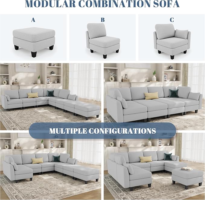 Sectional Sleeper Sofa, 8 Seaters Modular Sleeper Sofa Couch, Comfy Sectionals Couches Bed, Convertible Sofas with Ottomans, Modular Sectional Couches for Living Room, Light Grey