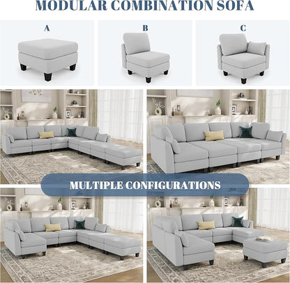 Sectional Sleeper Sofa, 8 Seaters Modular Sleeper Sofa Couch, Comfy Sectionals Couches Bed, Convertible Sofas with Ottomans, Modular Sectional Couches for Living Room, Light Grey
