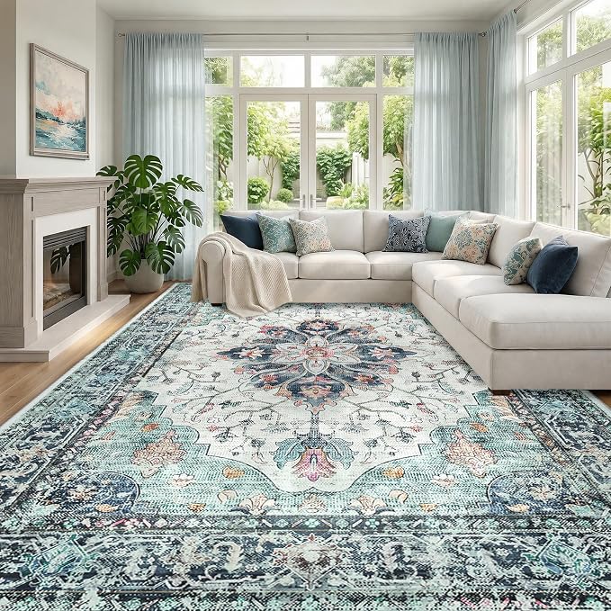 RELEANY Area Rugs Large 9'x12' Washable Non-Slip, Floral Vintage Distress Medallion Carpet for Living Room Bedroom Dining Room, Green Navy Blue White Red Teal