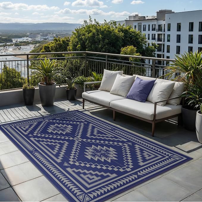 GENIMO Outdoor Rug for Patio Clearance - 5x8 ft Waterproof Plastic Camping Rugs, Reversible Outside Rv Mat Carpet for Porch, Deck, Picnic, Balcony, Beach, Backyard, Blue Grey