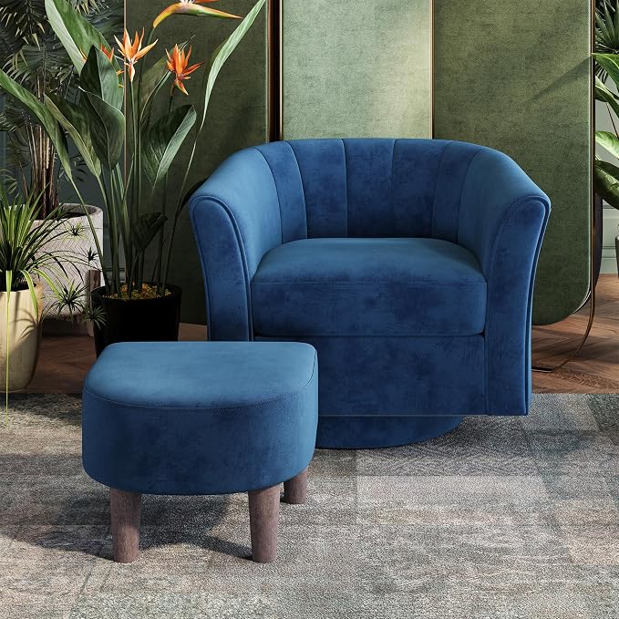 LINSY Swivel Accent Chair Ottoman Set: Velvet Larege Barrel Chair with Foot Rest, Modern Reading Chair Upholstered Armchair with Footrest for Living Room Bedroom Study Room Office (Blue)