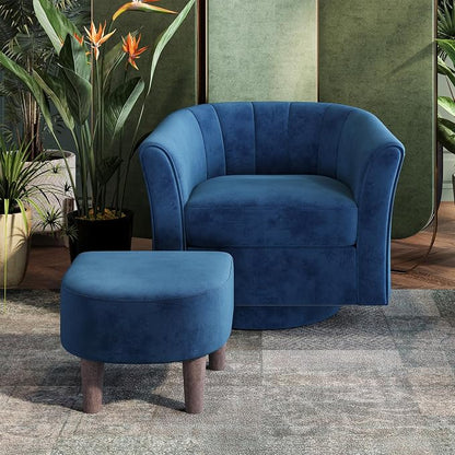 LINSY Swivel Accent Chair Ottoman Set: Velvet Larege Barrel Chair with Foot Rest, Modern Reading Chair Upholstered Armchair with Footrest for Living Room Bedroom Study Room Office (Blue)