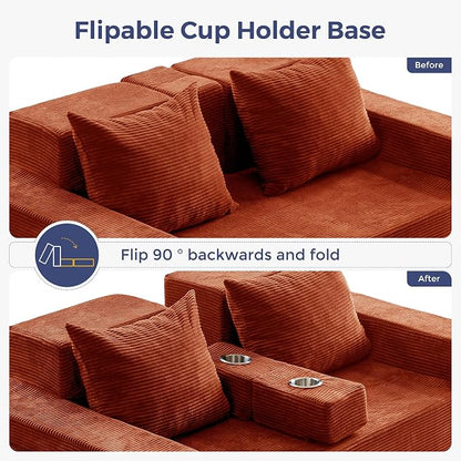 MAXYOYO Loveseat Sofa Bed, 64" Foldable Floor Sofa Couch in A Box with 2 Cup Holders, 4 in 1 Convertible Boneless Couch Folding Recliner Chair for Living Room, No Assembly Required, Orange