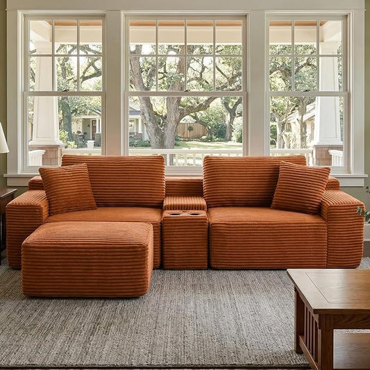 ivoros 111 Inch Modular Sectional Sofa Couch, Oversized Modern Cloud Couch for Living Room, L Shape Couches with Ottomans, USB Ports and Cup Holders, Orange Corduroy Boneless Sofas, Sofa in a Box