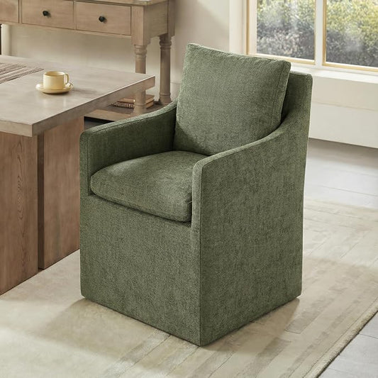 KISLOT Upholstered Dining Chairs with Casters, No Assembly Modern Accent Armchair with Rollers for Dining Room, Bedroom, Living Room, Reading Room, Already Assembled, Green, 1 Box
