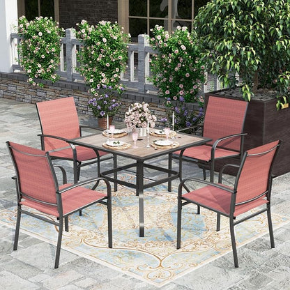 HERA'S HOUSE Outdoor Dining Set 5 Piece Patio Furniture Set, 4 x Textilene Dining Chair, 37" Square Wood Look Table for Lawn Garden Backyard Deck, Red