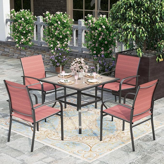 HERA'S HOUSE Outdoor Dining Set 5 Piece Patio Furniture Set, 4 x Textilene Dining Chair, 37" Square Wood Look Table for Lawn Garden Backyard Deck, Red