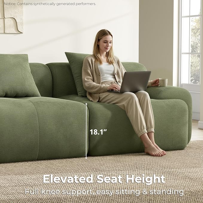 LIKIMIO LumiCord Modular Sectional Sofa with Ottoman, 118" L-Shaped Boneless Couch for Living Room, Oversized Deep Seat with Corduroy Upholstery, No Assembly Required, Olive Green