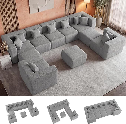 MONVANE Modular Sectional Sofa, Oversized 10 Seat Convertible U Shaped Couch with Ottoman, Comfy Chenille Deep Seat Cloud Couch, Sectional Couches for Living Room, No Assembly Required, Light Grey