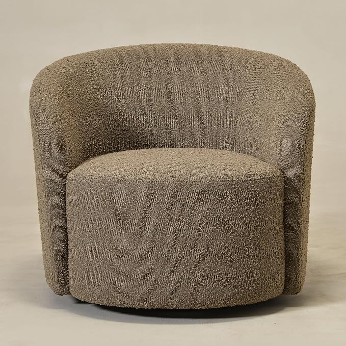 KINWELL 34" W Mid Century Modern Swivel Barrel Chair, Round Upholstered Boucle Swivel Accent Chairs, No Assembly Sofa Chair for Living Room Bedroom Reading Apartment Lounge Nursery(Teddy Brown)