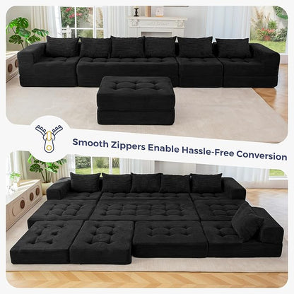 MAXYOYO Modular Sectional Sofa Couch, Foldable U Shaped Cloud Couch with Pillows, Tufted 7-Seat Boneless Lounger Floor Sofa Bed for Living Room, No Assembly Required, Black