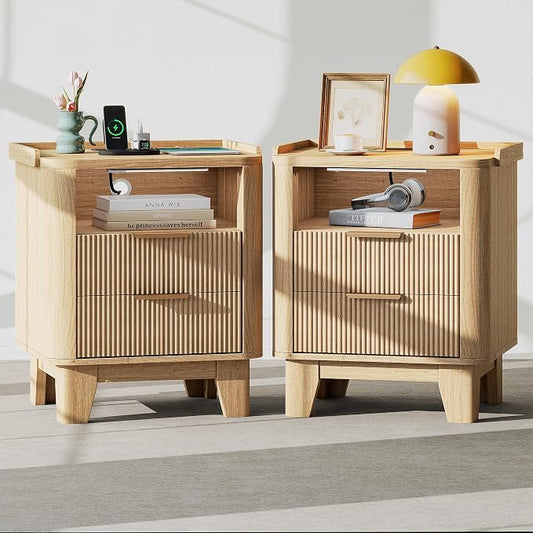Baoz Fluted Nightstand Set of 2 with Charging Station & 2 Drawers, Oak | 20" Wide Mid Century Modern Bedside Table with Light Natural Wood Curved Profile 27in Tall LED Night Stand for Bedroom
