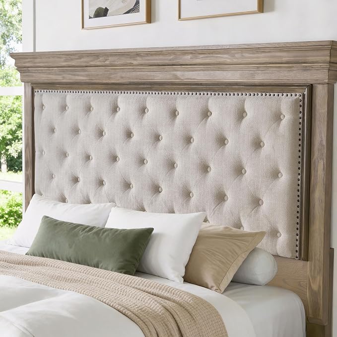 AMERLIFE Queen Size Solid Wood Bed Frame, Greige | Tufted Headboard, 68" Tall Bed and Headboard, Noise-Free, Easy Assemble, Solid Pine, Wooden Slats Support, Queen Size Bed