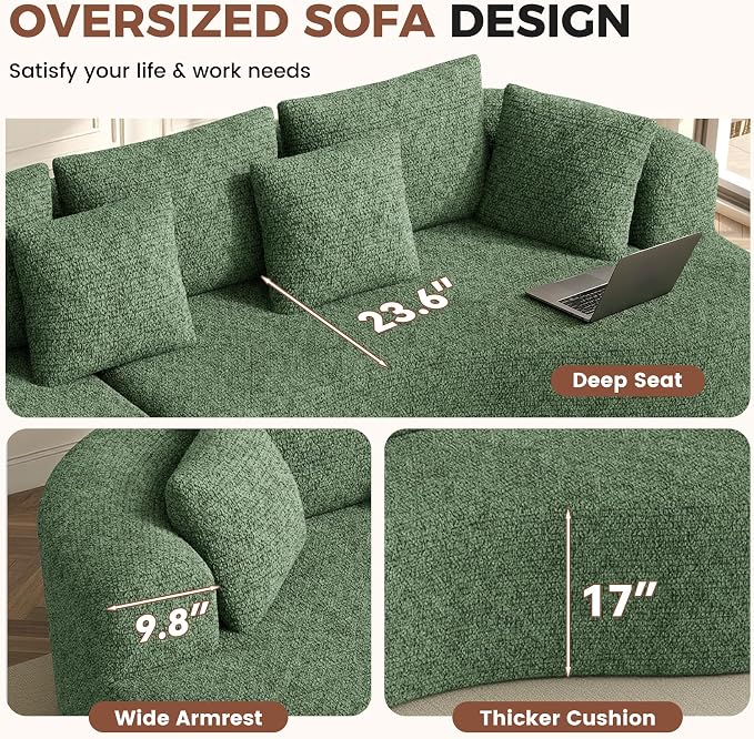 Luxanimarion 124" Curved Modular Sectional Sofa Oversized, L-Shape Boneless Couches for Living Room with Deep Seat and 7 Pillows, High-Density Memory Foam, Green Chenille Fabric, No Assembly Required