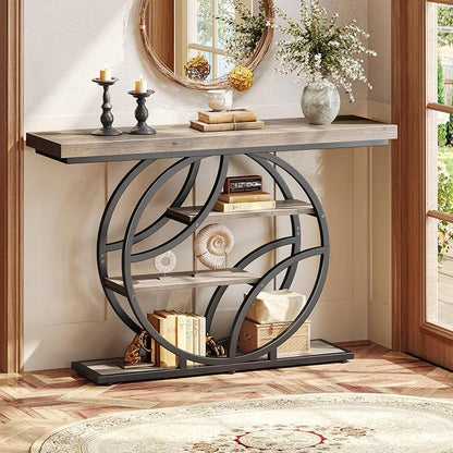Huuger 47.2 Inch Entryway Table, Industrial Console Sofa Table with Storage, Accent Table with Shelves, for Entry, Hallway, Entrance, Foyer, O-Shaped Metal Frame, Grey