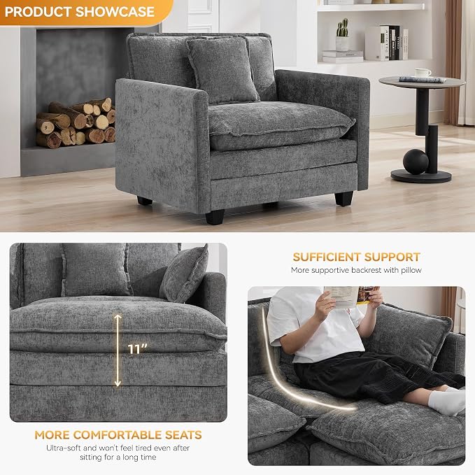 WUTUTUEE 41'' Modern Chenille Oversized Chair, Upholstered Accent Living Room Chair with Extra Thicked Deep Seat, Single Lounge Chair for Bedroom, Small Apartment, Grey