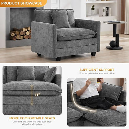 WUTUTUEE 41'' Modern Chenille Oversized Chair, Upholstered Accent Living Room Chair with Extra Thicked Deep Seat, Single Lounge Chair for Bedroom, Small Apartment, Grey