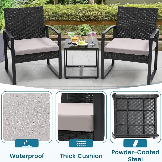 3 Piece Outdoor Wicker Bistro Set, Rattan Patio Conversation Set with Coffee Table & Washable Cushions for Porch Yard Balcony, Black/Grey