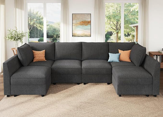 HONBAY Modular Sectional Sofa Couch with Storage, Modern U Shaped Sectional Sofa, Convertible Sectional Couch for Living Room - Snowflake Velvet Grey