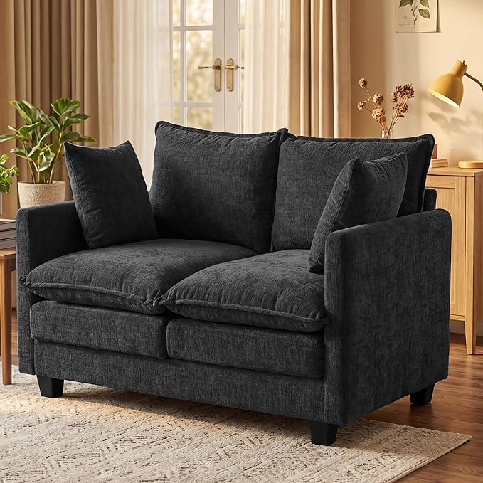 Loveseat Sofa with Cloud 3-Layer Cushion & 27" Deep Seat, Modern Small Couch with 2 Washable Pillows for Small Spaces, Bedroom, Apartment, Office, Living Room, in a Box, 50-Inch Black
