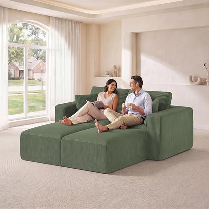 Modular Sectional Sofa Bed with Ottoman, 79" Memory Foam Cloud Couch, Boneless Loveseat Corduroy Upholstered Floor Couch, No Assembly Required Living Room Furniture for Apartment Bedroom, Green