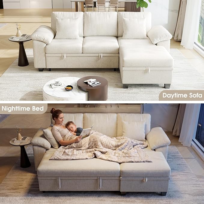 Modular Sectional Sleeper Sofa Bed, 86" Convertible Cloud Couch Bed, L Shaped 4 Seat Pull Out Couch with Storage Ottoman, Sectional Couches for Living Room, Apartment (Beige)