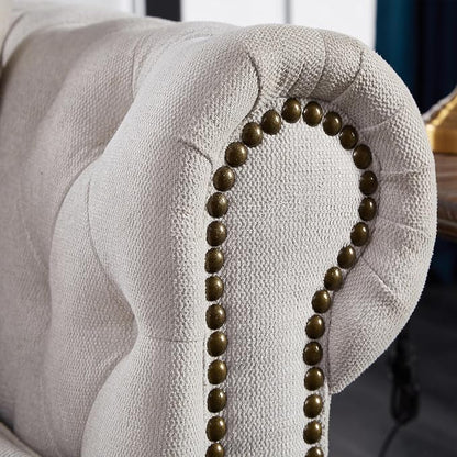 Chesterfield Sofa, 89" Mid Century Modern Couch with Low Back, Roll Arm Nailhead Trim Classic 3 Seater Couch for Living Room, Office, Apartment, Linen Beige