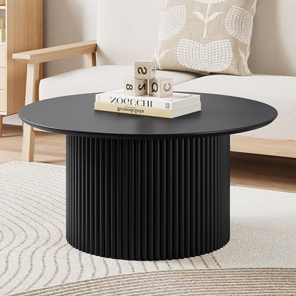31.5" Round Coffee Table, Modern Fluted Accent Center Table with Metal Frame, Wooden Circle Coffee Tables for Living Room Small Space or Office (Black)