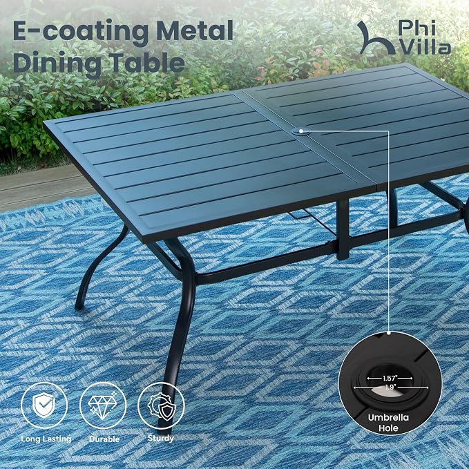 PHI VILLA 8 PCS Patio Dining Set with 13ft Large Patio Umbrella(Haze Blue), 6 Outdoor Swivel Chairs & 1 Rectangle Metal Table for 6 Person, Patio Dining Fruniture Set for Deck Garden(No Umbrella Base)