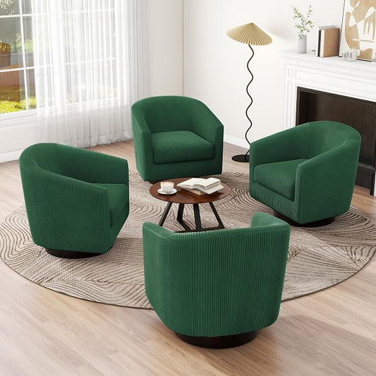 Swivel Accent Chair, Upholstered Corduroy Barrel Chair for Living Room, Small Single Sofa Bedroom Reading Seat, Set of 4, Dark Green