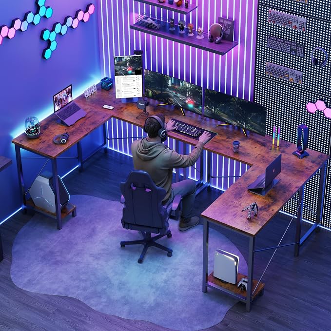 DUMOS L Shaped Desk, Computer Gaming Desks Corner Office Table with CPU Shelf for Home Study Writing Work Station 50 Inch, Sturdy Modern Design, Study, and Home Office Use, Rustic Brown