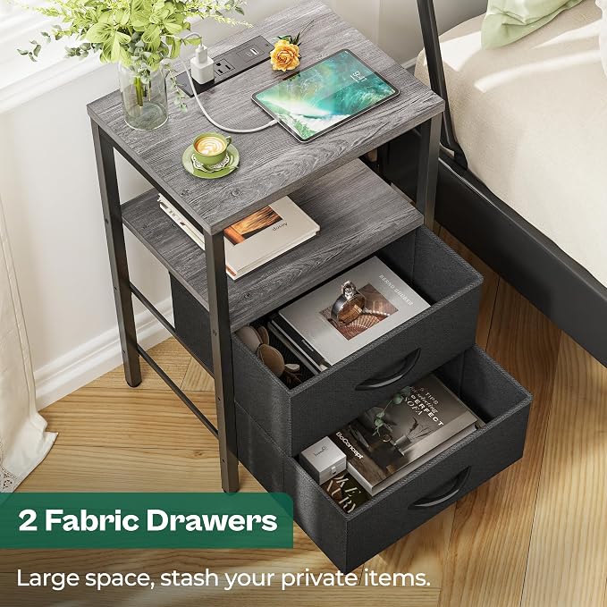 Huuger Nightstands Set of 2, End Tables with Charging Station, Side Tables with Fabric Drawers, Bedside Tables with USB Ports and Outlets, Night Stands for Bedroom, Charcoal Gray
