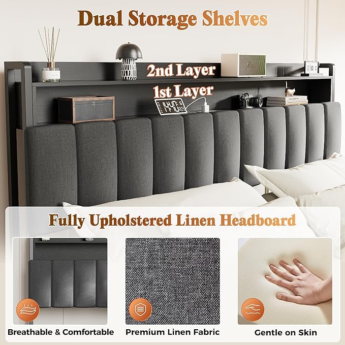 PRAISUN Bed Frame King Size with Upholstered Headboard & Charging Station, King Bed Frame with 4 Storage Drawers, 2-Tier Open Shelves, No Box Spring Needed, Slient Foam Strip, Easy Assembly, Grey