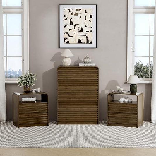 Dresser and Nightstand Sets for Bedroom, 3 Pcs Bedroom Set, Fluted 5 Drawer Dresser with Curved Profile and Night Stand Set of 2 with Charging Station, Wood Chest of Drawers, Walnut