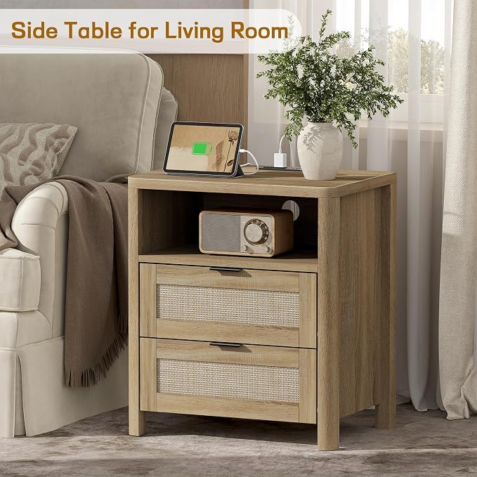 Boho Nightstand with Charging Station, Large Bedside Table with Two Drawers & Open Storage Shelf, Mid-Century Modern End Table Rattan-Look Drawer, Accent Side Table with Rounded Corners for Bedroom