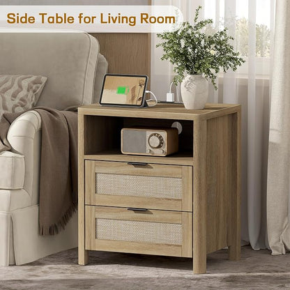 Boho Nightstand with Charging Station, Large Bedside Table with Two Drawers & Open Storage Shelf, Mid-Century Modern End Table Rattan-Look Drawer, Accent Side Table with Rounded Corners for Bedroom