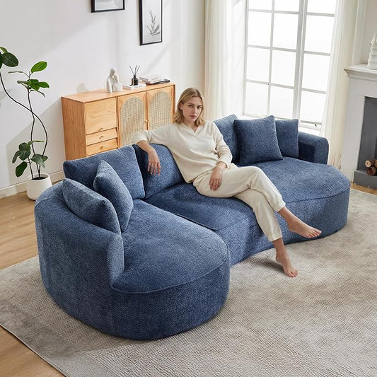 Opiesit 124" Oversized Boneless Couches for Living Room, Sectional Curved Sofa with 7 Pillows, L-Shape Boneless Couch with Deep Seat, High-Density Memory Foam, No Assembly Required, Chenille (Blue)