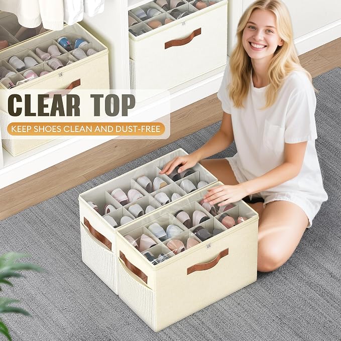 Budding Joy 2 Pack Shoe Organizer for Closet, Clear Foldable Shoe Storage Containers Adjustable Dividers Fits 16 Pairs,Shoe Storage Bins Baskets Boxes with Reinforced Handles Beige Yellow Beige | Farbic shoe storage organizer box bin with clear cover, ...