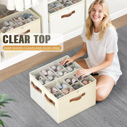 Budding Joy 2 Pack Shoe Organizer for Closet, Clear Foldable Shoe Storage Containers Adjustable Dividers Fits 16 Pairs,Shoe Storage Bins Baskets Boxes with Reinforced Handles Beige Yellow Beige | Farbic shoe storage organizer box bin with clear cover, ...