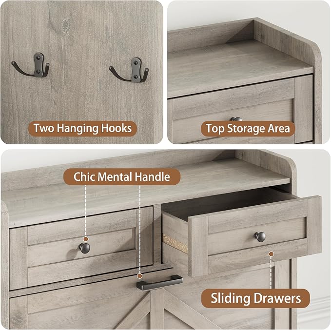Shoe Cabinet with 2 Flip Drawers & 2 Top Drawers, 43" Tall Freestanding Narrow Wooden Shoe Storage Organizer for Entryway, Hidden Slim Shoe Rack for Front Door Entrance, Hallway, Living Room, Grey
