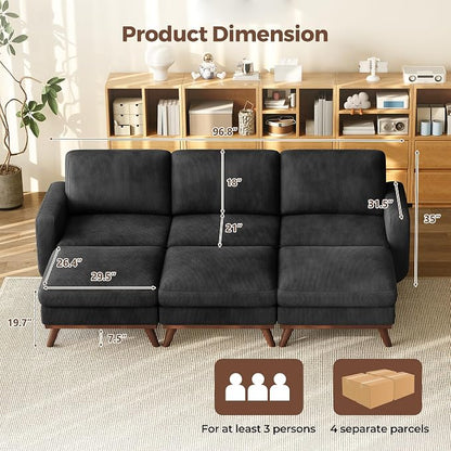 Vesgantti 97" Modular Sectional Sofa Black, Sectional Couch with Movable Ottoman, Comfy Corduroy Couch with Spring Cushion, Modular Sofa with Deep Seat for Living Room, Bedroom and Apartment