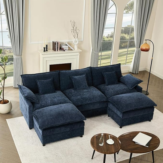 GOSUHI 108" U-Shaped Modular Cloud Couch, Deep Seat, Chenille Navy | Cloud Comfort, Couches for Living Room, Removable & Machine-Washable Covers, Movable Ottoman, Modular Sectional Sofa